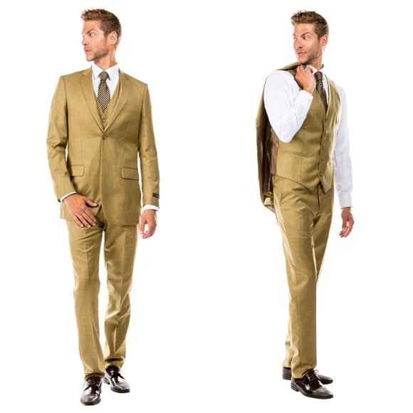 Dark Mustard Sharkskin 3pc Suit w/ Expandable Waistband - Picture 1 of 4